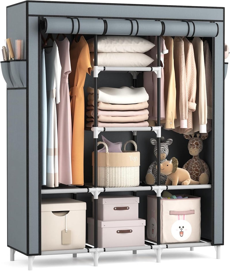 VTIN Portable Closet Wardrobe for Hanging Clothes with 2 Hanging Rods and 8 Storage Organizer Shelves,Sturdy Large Wardrobe Closet for Bedroom Free Standing Clothes Rack with Cover,Grey - Image 1